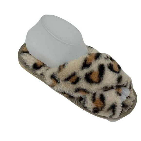 Womens Cross Band Fuzzy Slippers Open Toe Comfy Soft Plush Rubber Sole Leopard - Picture 2 of 7